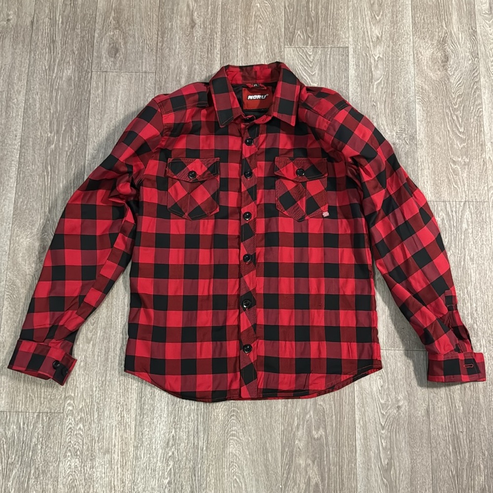 Noru red and black checkered riding shirt with armor men’s sz XL